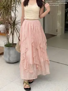 French Romantic Blue Lace Patchwork Flounce Skirt, Summer New Elastic High Waist Loose A-Line Chiffon Long Dress