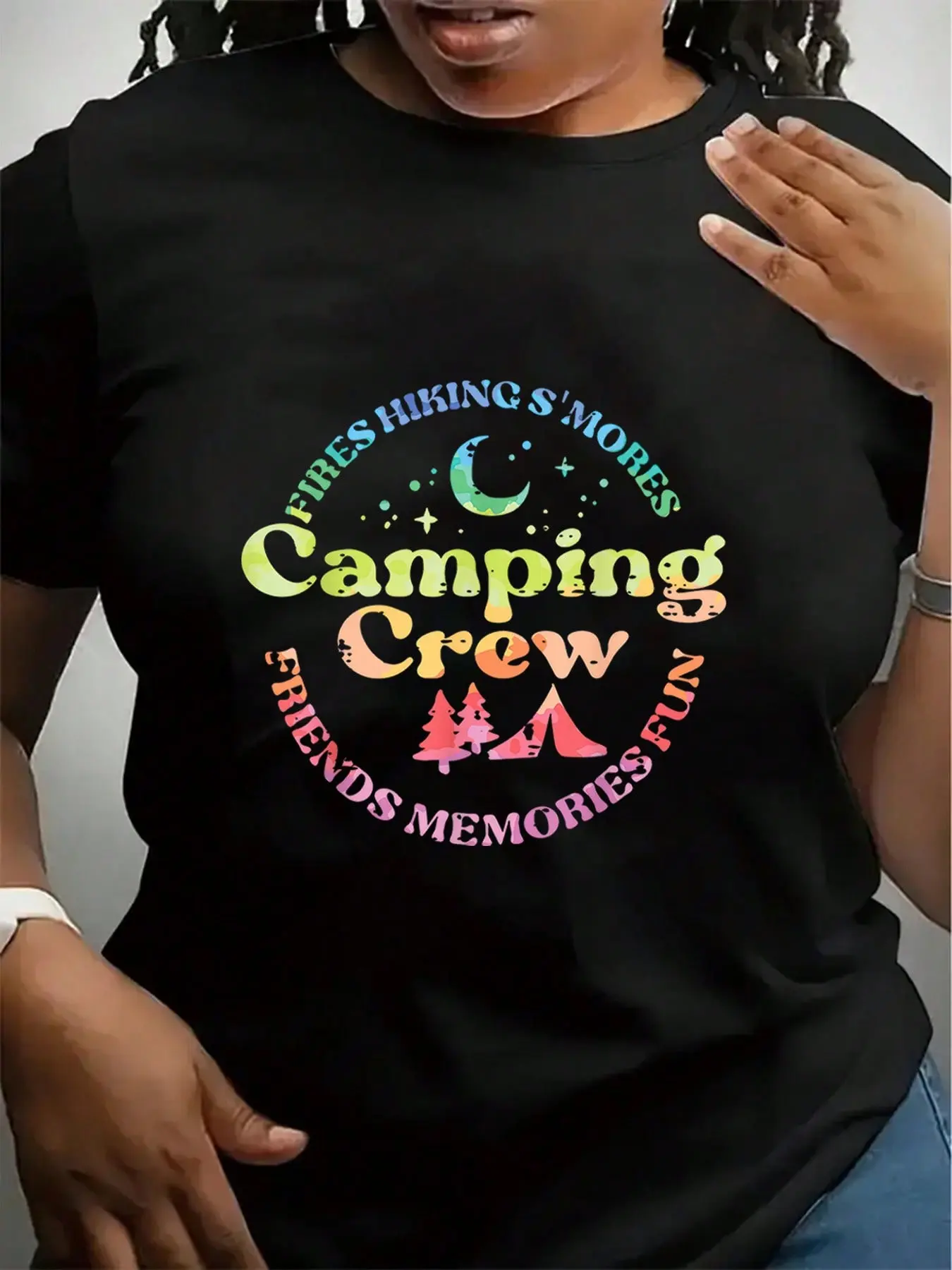 Womens Plus Size Camping Pattern T-Shirt - Adventure Print Featuring Campfire Tent And Hiking Designs - Memories Of Frie