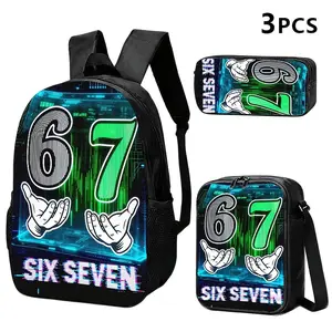 Durable 3-Piece "Six Seven" Tech Print Backpack Set for Teens, Water Resistant School Bag + Lunch Box + Pencil Case, Lightweight, Fits 15-inch Laptop, Breathable Straps, Neon Cyberpunk Design