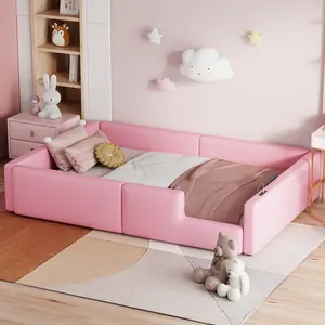 Twin Size Floor Bed with Guardrail and Charging Station, PU Leather Upholstered Daybed Frame for Bedroom, Children's Room,Wood Slats Support (Pink, Twin)