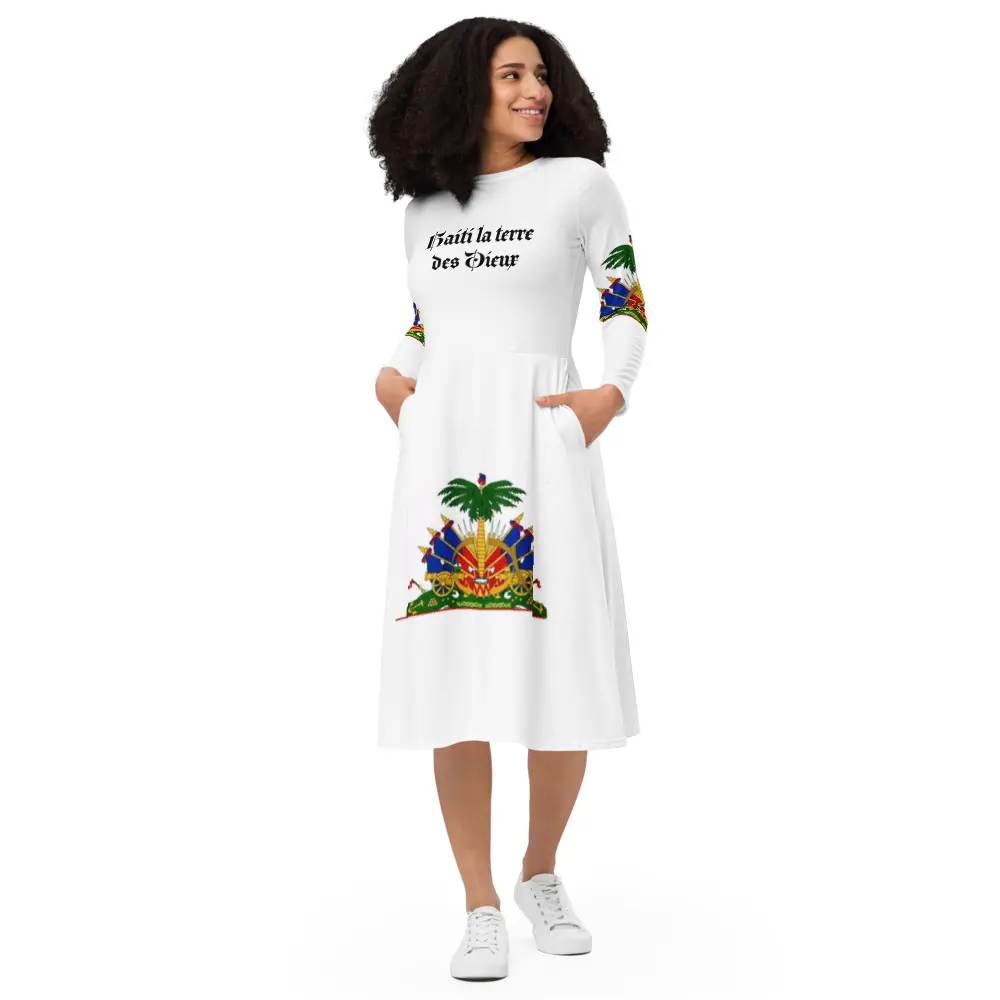 Haitian flag All-over print long sleeve midi dress