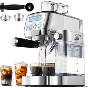 Espresso Machine with Upgraded Automatic Milk Frother, 20 Bar Cappuccino Machines with LCD Display for  Gifts, Latte Coffee Maker with Dual Wall & Filters, Sliver