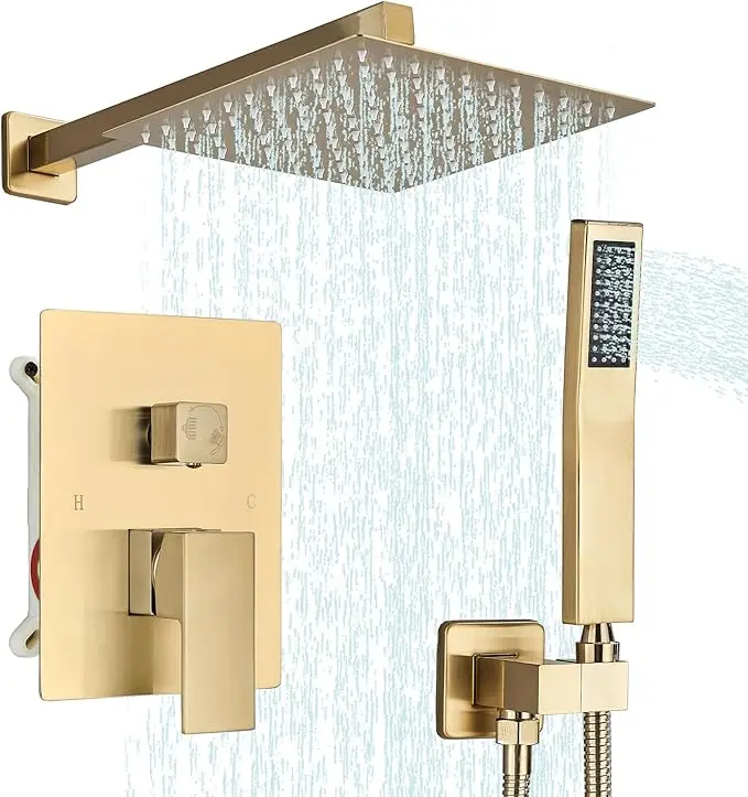 Brushed Gold Shower System, Shower Faucet Set with High Pressure Square Rain Showerhead and Handheld Spray, Wall Mounted Bathroom Showerhead Combo Set Included Mixing Valve and Trim, Brushed Gold, 8 IN 12 IN 16 IN Three Sizes to Choose