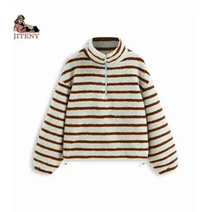 Women's Spring Autumn Fleece Sweatshirt Long Sleeve Half Zip High Neck Striped Pullover