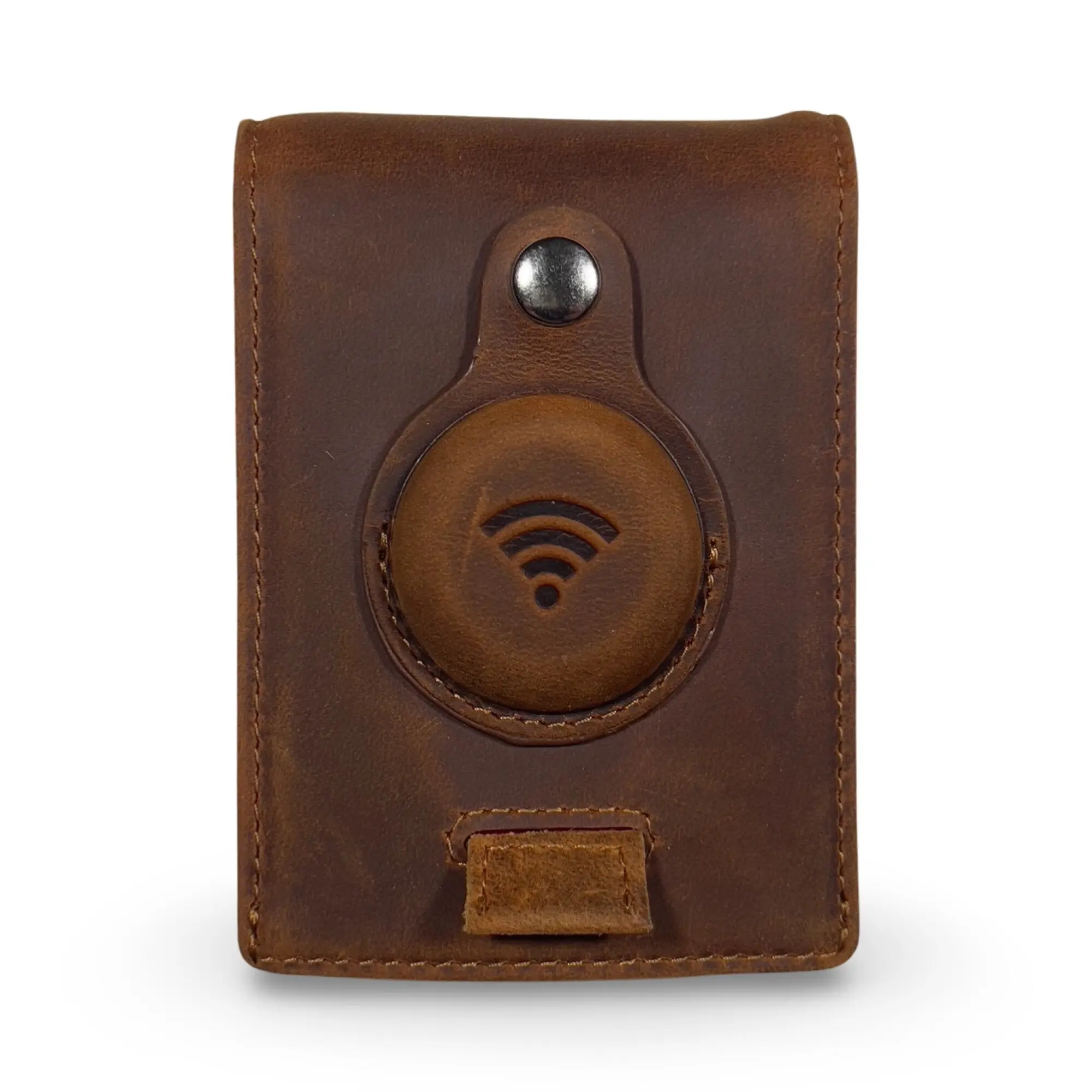 Full grain Leather AirTag Wallet and Moto Tag Wallet (Coffee + Red Tab)