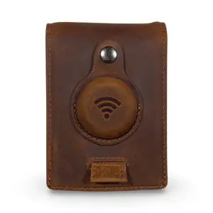 Full grain Leather AirTag Wallet and Moto Tag Wallet (Coffee + Red Tab)