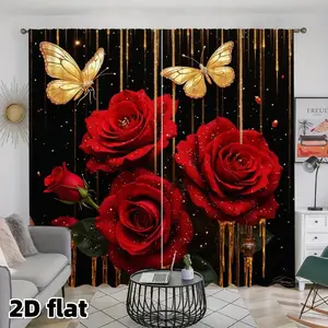 2D Flat 2Pcs Butterfly Red Rose Window Curtains, Golden Butterflies Black Background, Rod Pocket Style, Semi Sunshade Polyester Fiber, for Living Room Bedroom Kitchen Balcony, Elegant Floral Home Decor, Home Decoration Curtain, Anti Privacy, Easy to Clean