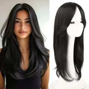 Auvzyhair Premium Synthetic Hair Topper with Bangs Natural Black 18 Inch Layered Toppers for Women with Thinning Hair 6" x 6" Hand Tied Forehead Hairline 360° 3D Cover Wispy Synthetic Toppers Hair for Women