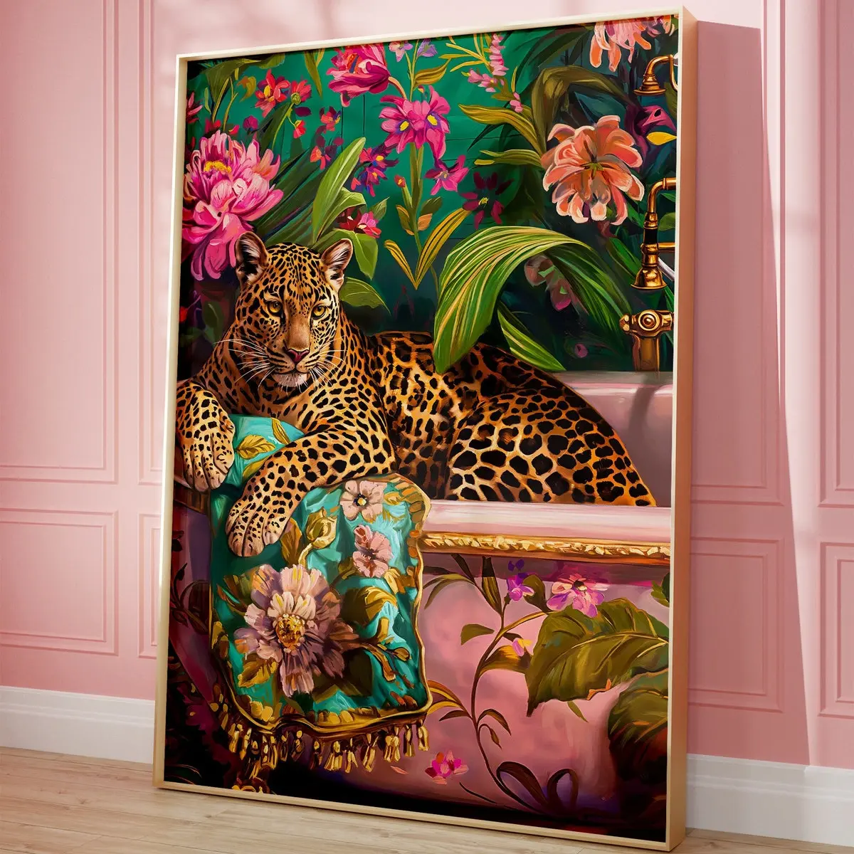 Leopard in a Bathtub Vivid Printing, Bathroom Wall Art, Colorful Dopamine Artwork, Kitsch Aesthetic Trendy Decor Print Unframed, Room Decor