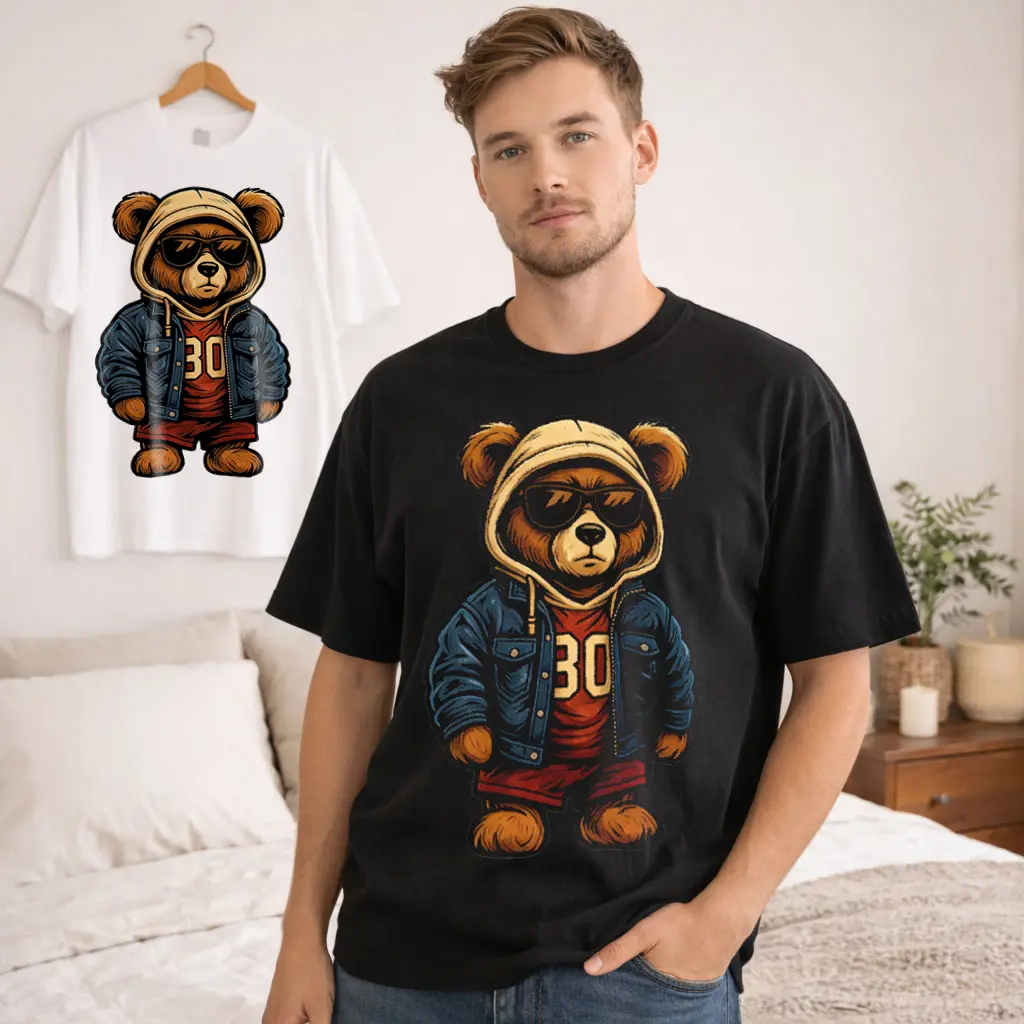 Men's Classic Casual Baggy Short-Sleeve T-Shirt - Hypebeast Bear Design, Breathable Streetwear Top, Basic Elegant Office Style (Denim Jacket & Sunglasses Inspiration)