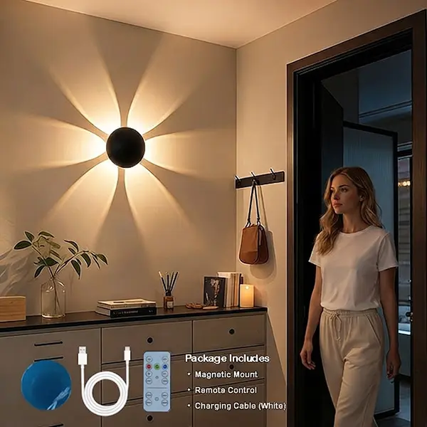 LED Puck Light Wall Sconces with Floral Shadow, Remote & Motion Sensor, 3 Color Dimmable Modes, Magnetic Mount, Aluminum Body, Battery-Powered Wireless Night Light for Home Festive Decor