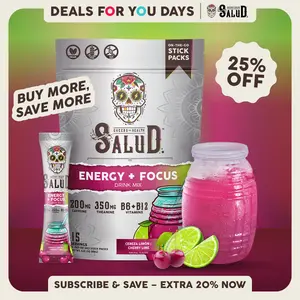 Salud 2-in-1 [Energy + Focus – Cherry Lime] Clean Energy Drink Mix, Agua Fresca, Organic Caffeine, B6 & B12, L-Theanine, Drink Packets, Non-GMO, Gluten Free, Vegan, Low Calorie, 1g Sugar (15 Servings), Deals For You Days
