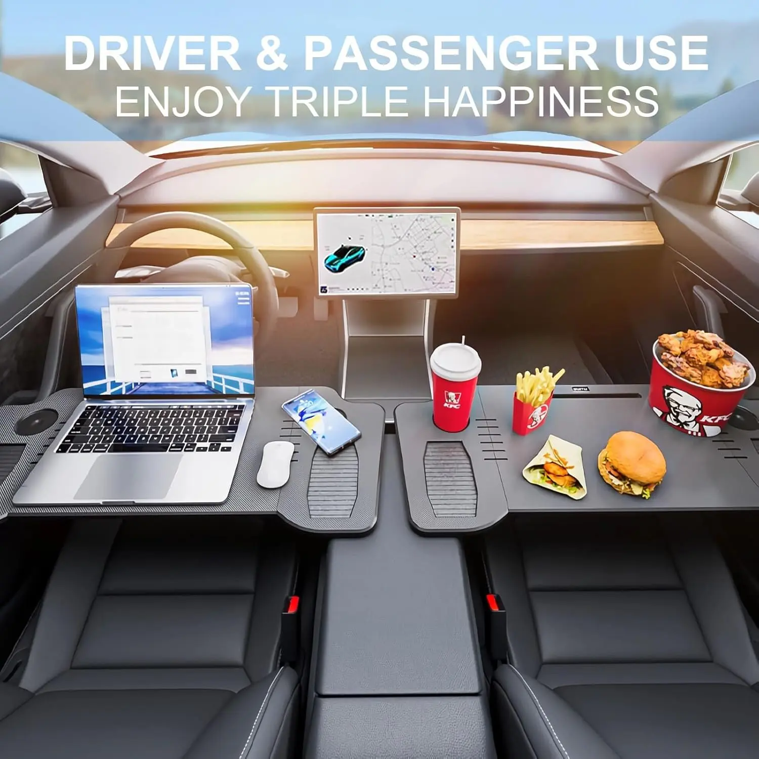Portable Foldable Car Table- For Driver and Passenger, Fits for TESLA Y-3 Accessories, ABS Material- Suitable for Work, Carbon Fiber Car Food Tray|Laptop Desk|Multi-Purpose Wagon Accessory, Dining and Studying- Best Gift for Commuters and Travelers