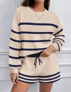 Womens 2 Piece Knit Sweatsuit Long Sleeve Tops and Shorts Fashion Outfits Casual Lounge Set with Pockets