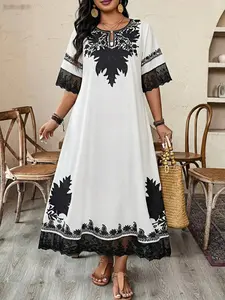 Elegant Long Dress for Plus Size Women, V-Neck Half Sleeve with Contrast Lace, French Vintage Style, Perfect for Parties and Holidays