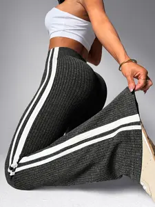 Vertical Striped Women's Sport Pants, Fitness Sports Pants, Loose Casual Yoga Wide Leggings, Fashionable Bell Bottoms, All Seasons, Sporty Style