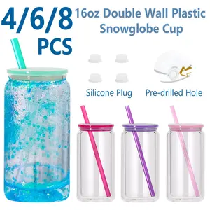 4/6/8PCS 16 oz Plastic Snowglobe Tumbler with Pre Drilled Hole, Double Wall Acrylic Snow Globe Cup for Iced Coffee Boba Juice Soda, Perfect for DIY Glitter Snow Globe Craft Gift Bottle Drinkware snow glitter diy