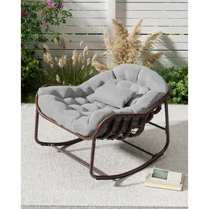 Oversized Patio Egg Rocking Chair - Wicker Papasan Outdoor Lounge with 12cm Thick Water-Resistant Cushion - Heavy Duty Metal Frame, 450 lbs Capacity, for Porch, Balcony, Garden, Backyard