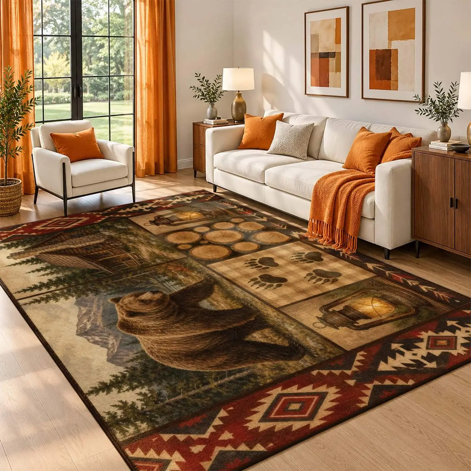 Large indoor area rug, soft velvet, low pile, non-slip, machine washable, rustic cabin bear lodge rug, vintage forest mountain aztec design for living room and bedroom floor decor