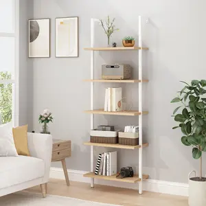 Ubesgoo 5-Shelf Wood Ladder Bookcase with Metal Frame, Open Design Shelves for Living Room, Bedroom, Home, Office