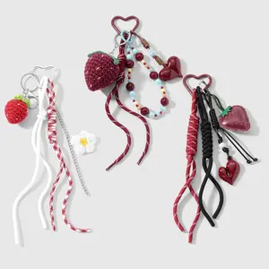 1 piece — sweet and cool, stylish, high-appeal, multicolor handmade crochet strawberry flower beaded colorful braided cord; DIY keychain and bag charm; suitable for sisters/best friends’ everyday wear; ideal as a holiday gift.