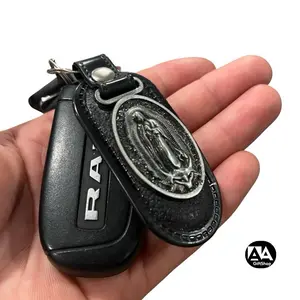 San Judas Tadeo / Virgencita Stainless Steel and Leather Keychain keychains collectible keychains