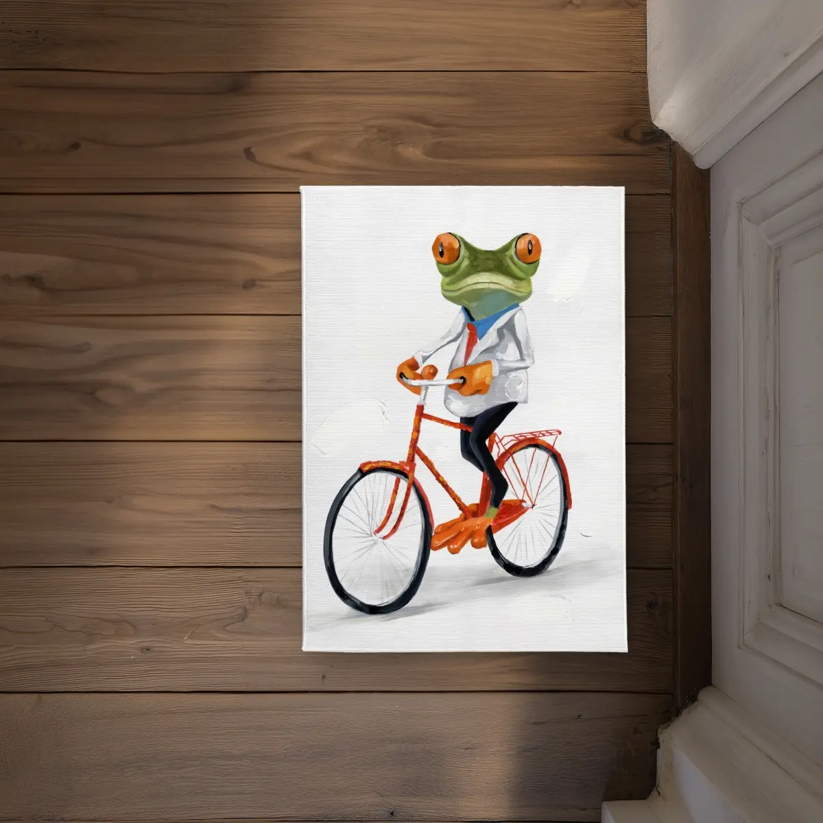 Begin Home Decor CODM1724MEJRVJ 17x24in Polyester Whimsical Frog Theme Doormat - Funny Frog Riding a Bike, Colorful Animal Doormat for Children, Indoor Outdoor Household Textile Rug, Colorful Animal Doormats