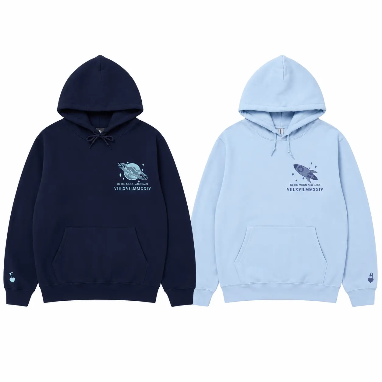 Custom To The Moon And Back Embroidered Hoodies for Couple – Matching Couple Hoodie With Roman Numeral Date And Initials, Meaningful Valentine Anniversary Gift