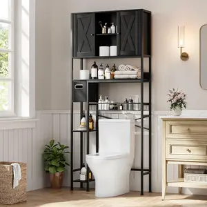 Freestanding Over-Toilet Storage Cabinet, Space-Saving Bathroom Organizer with Double Doors & Built-in Toilet Paper Holder, Waterproof Structure & Subtle Embossed Decor
