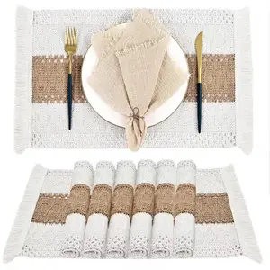 6pcs Bohemian Style Placemats, Crochet Cream And Brown Table Decor Mats, Farmhouse Rustic Burlap Placemats with Tassels, Table Decor Mats, Coffee Table Mats, Home Bowl Dish Mats, Home Decoration, Party Decoration summervibes
