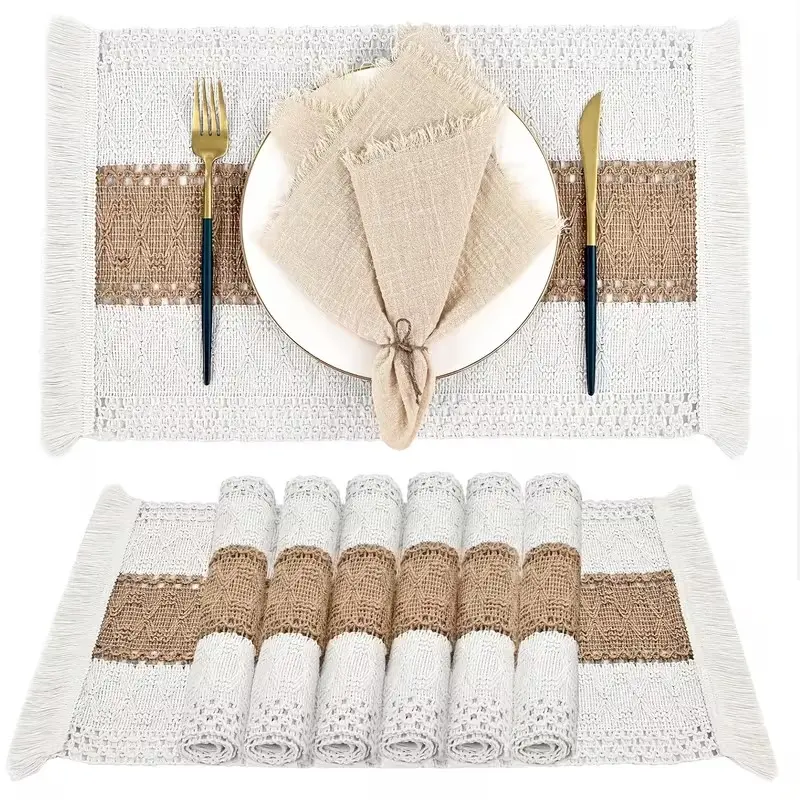 6pcs Bohemian Style Placemats, Crochet Cream And Brown Table Decor Mats, Farmhouse Rustic Burlap Placemats with Tassels, Table Decor Mats, Coffee Table Mats, Home Bowl Dish Mats, Home Decoration, Party Decoration