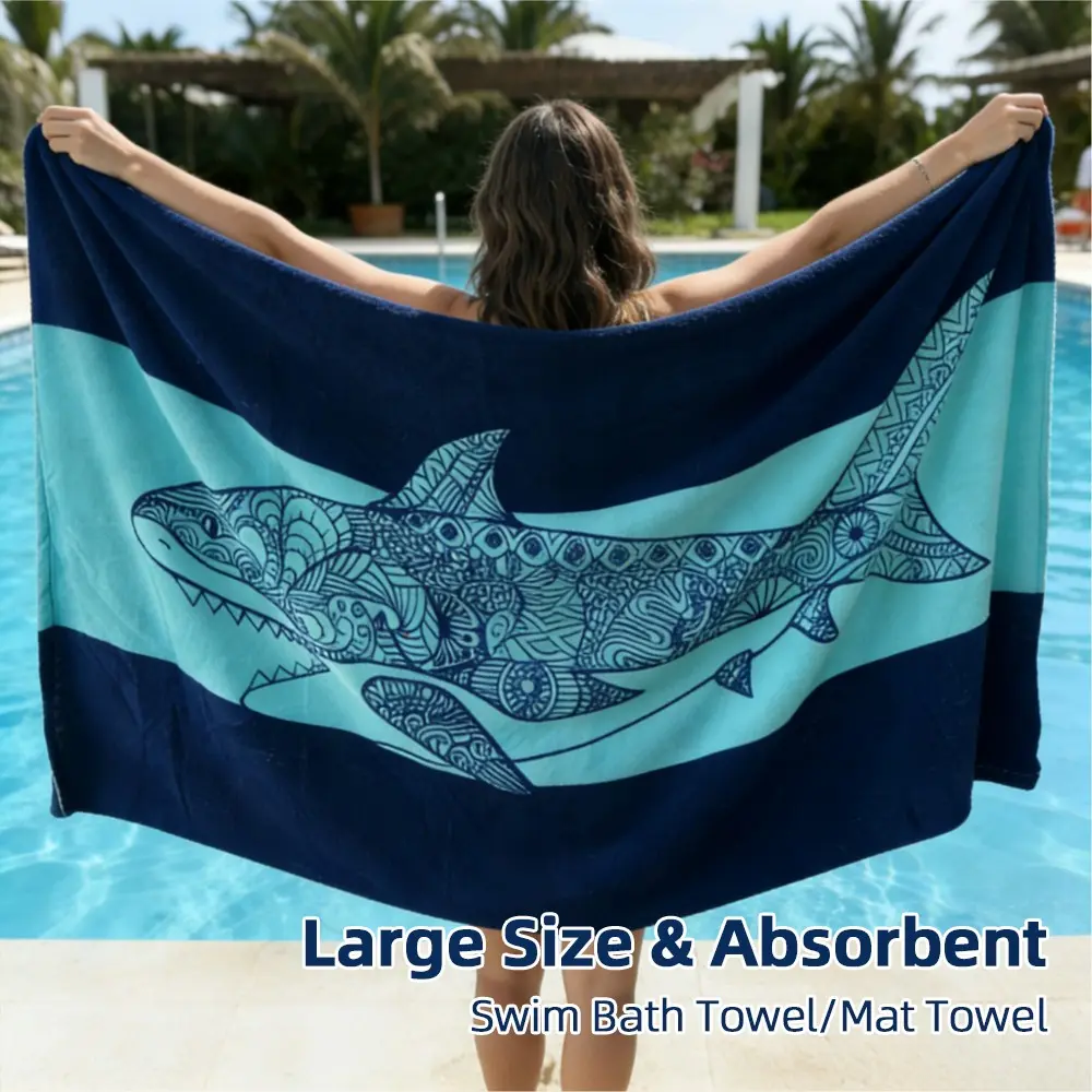 1 Pc Swim Bath Towel, 35.470.8inch / 90180cm, Sports Absorbent Towel, Soft & Quick-Drying, Double-Sided Design, Can Be Used as Beach Chair Mat & Nap Blanket, Shark/Turtle Patterns, Washable & Durable, Ideal for Personal Use & Gifting