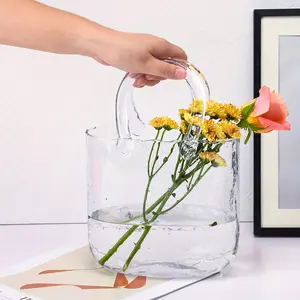 Superlele 1/2pcs Glass Purse Vase For Flowers, Fish Bowl With Bubble, Clear Bag Vase With Handle And Bubbles, 7.7x3.9x10.4in Handbag Shape Flower Vase, Unique Decorative Vases For Centerpieces Wedding Table Decorations, For Halloween And Christmas