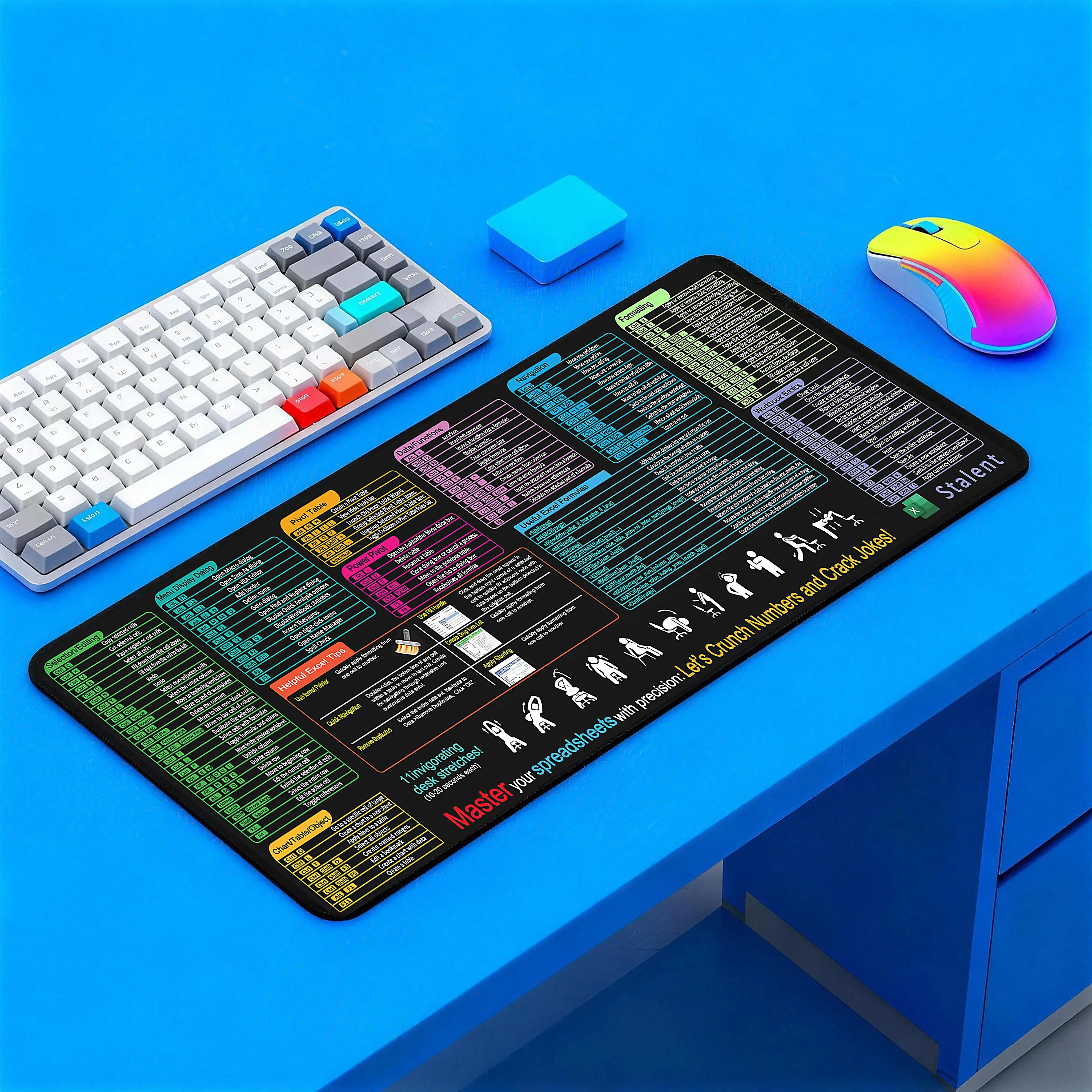 Large Rectangular Excel Shortcut Keyboard Theme Mouse Pad, Extended Space, Stitched Edges, Non-Slip Base for Office Productivity, Computer Accessories, Themes Excel Shortcut Keyboard