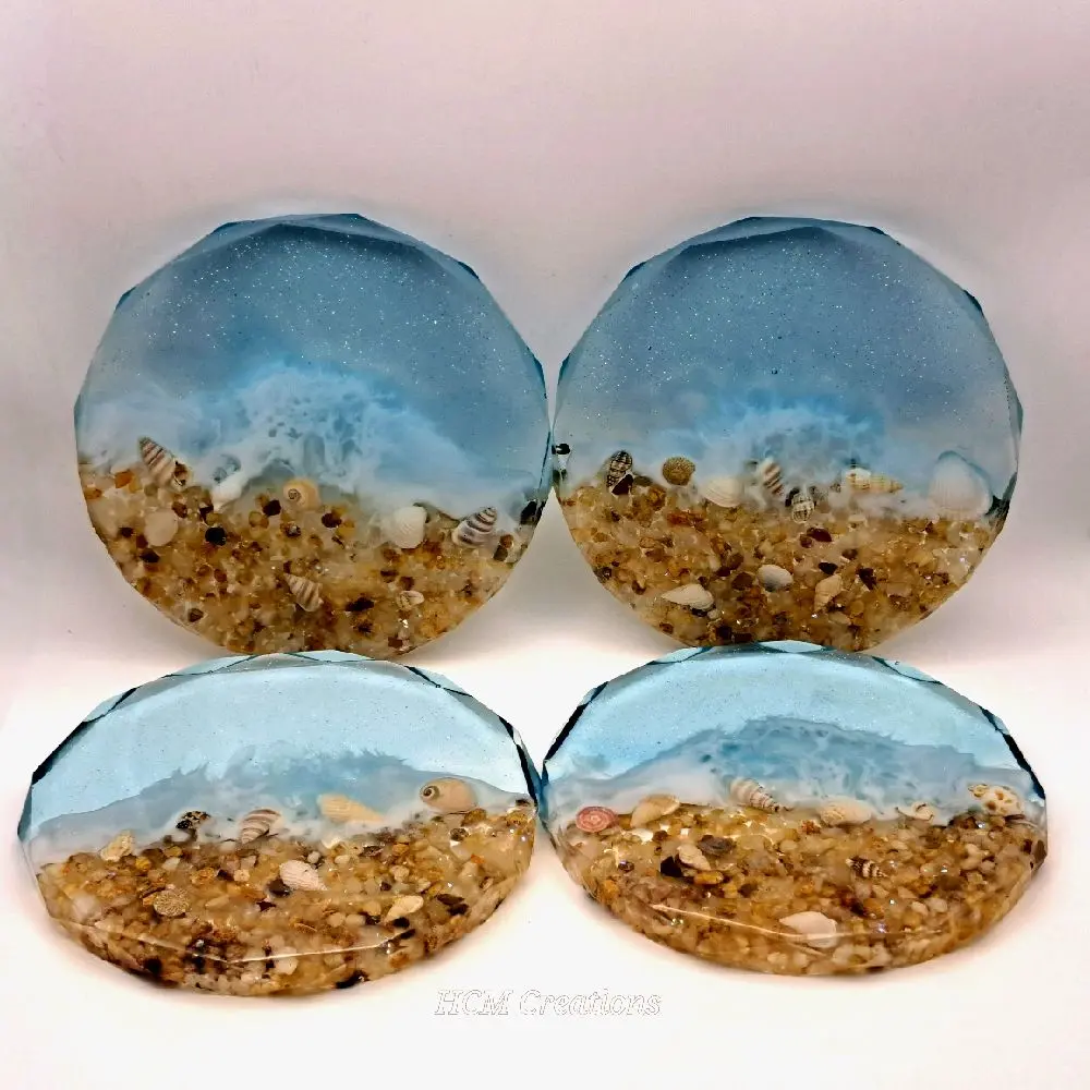 Handmade Coastal Themed Coasters with Embedded Seashells and Sand for Drinks and Decor