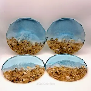 Handmade Coastal Themed Coasters with Embedded Seashells and Sand for Drinks and Decor