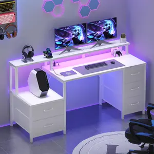 67'' Computer Gaming Desk with 5-Drawer Storage, Monitor Stand, LED Lights, Power Outlets and Printer Cabinet