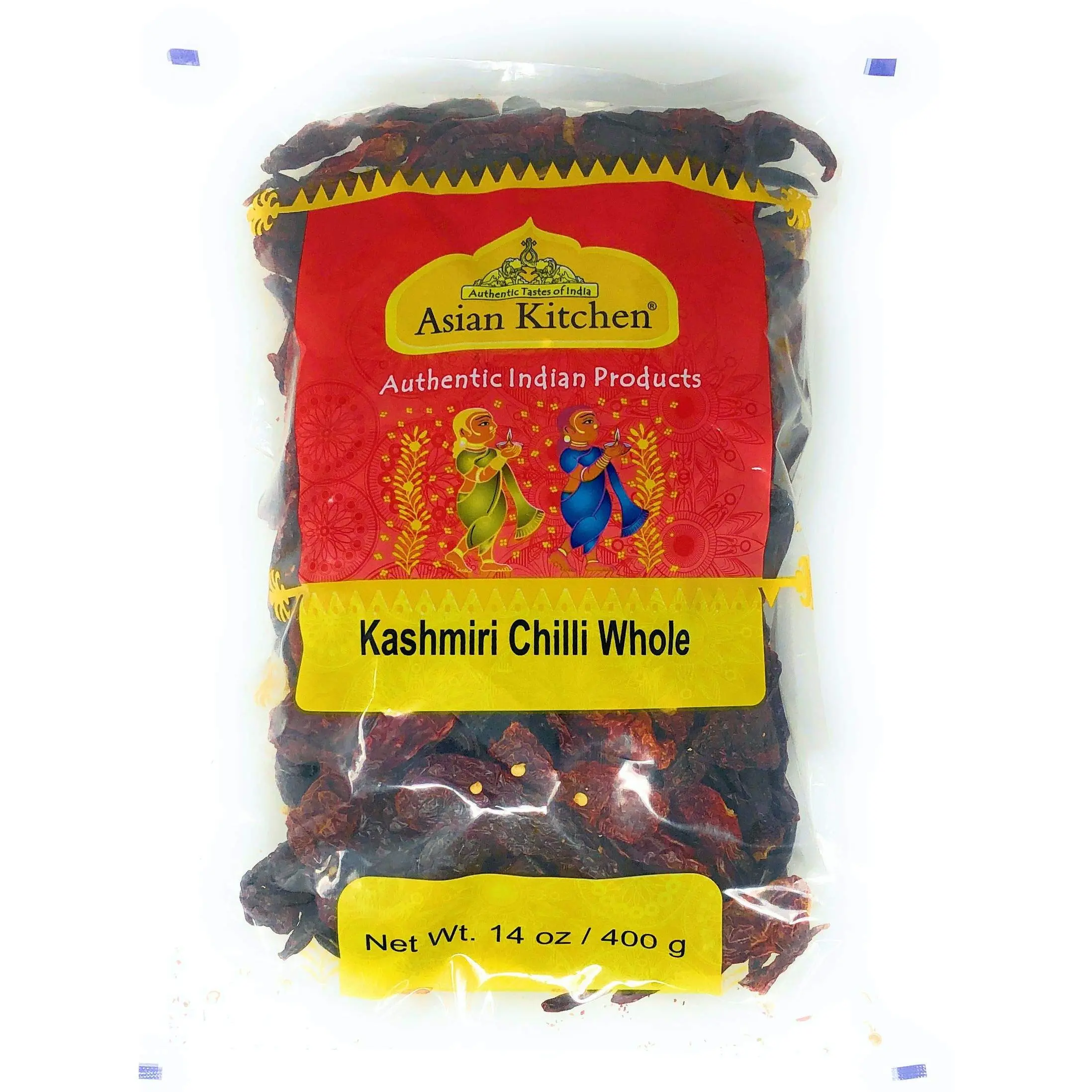 Asian Kitchen Kashmiri Chilli Whole Stemless, Low Heat Indian Chilli 14oz (400g) ~ All Natural | Vegan | Gluten Friendly | NON-GMO | Indian Origin