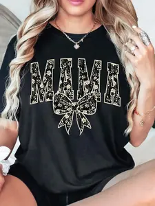 Vintage Washed "MAMA" Floral Bow Women's Lady T-Shirt Top | Coquette Style Versatile Casual Fit Tee for Moms & Everyday Wear