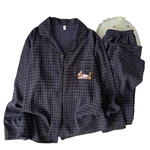 Embroidery Dog Vintage Plaid 2 Piece Suit Pyjama Femme Korean Style Casual Soft Fashion Women's Pajamas Autumn New Sleepwear