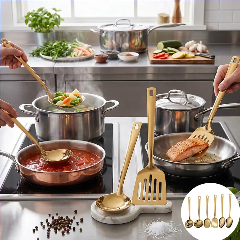 6-Piece Gold Stainless Steel Serving Utensil Set - Buffet Server Kit with Hostess Spoons, Slotted Spatula, Soup Ladle for 6-Piece Dinner Sets, Home Kitchen, Parties, Buffet Server Set