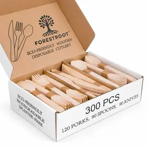 Forestroot Wooden Cutlery Set, 300 Pcs (120 Forks, 90 Spoons, 90 Knives) Eco-Friendly Disposable Wooden Utensils, Plastic-Free Compostable Party Cutlery, Sturdy & Smooth for Events, Picnics & Catering