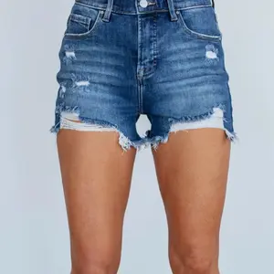 Charleigh Risen Denim Shorts - Dark Wash, Mid Rise, Raw Edge Frayed Hems, Great Stretch, Zip Fly & Button Closure, 98% Cotton 2% Spandex