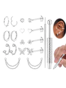 Threadless Flat Back Earrings Stud -Hypoallergenic Surgical Steel Push in Nose Studs Cartilage Hoop Earring Set Nose Piercings Kit, Internal Thread Horseshoe Nose Ring Earrings,14K Gold Plated Tragus Helix Conch Lip Labret Medusa Piercing Jewelry
