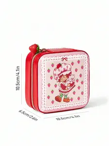 Strawberry Shortcake Leather Portable Jewelry Storage Box - Cartoon Figure Graphic PU, 1pc with 3 Necklace Hooks, Ring Compartment & Organizer Compartments for Home Organization, Travel Commuting