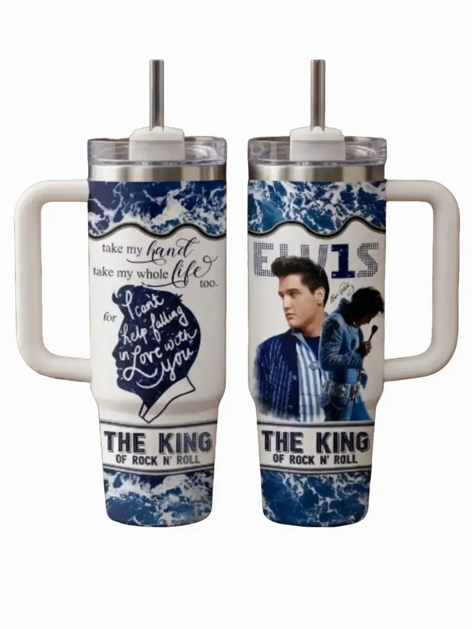 20oz-30oz-40oz Elvis P Blue King Insulated Tumbler with Handle, "Take My Hand" Rock and Roll Fan Cup, Vintage Music Travel Mug for Friends, Family, Work, Straw Not Included, Insulation, Fans