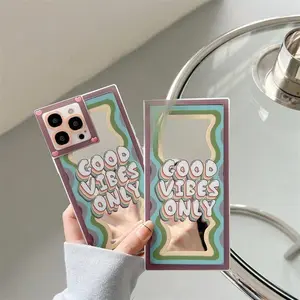 Pink“Good Vibes Only” Wavy Mirror Phone Case – Trendy Retro Aesthetic Cover for iPhone   Protection Protective Screen Protector Shockproof Durable Wave Casing Cellphone Smartphone Picture Color