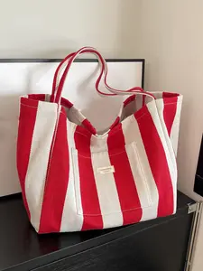 Contrasting Striped Personalized Women's Bag, Simple and Trendy Niche Woven Tote Bag, Canvas Tote Bags, Large Capacity, Lightweight and Simple, Suitable for Daily Occasions Such As Commuting, Shopping, Etc., Casual Commuter Bag, Stylish Tote Bag