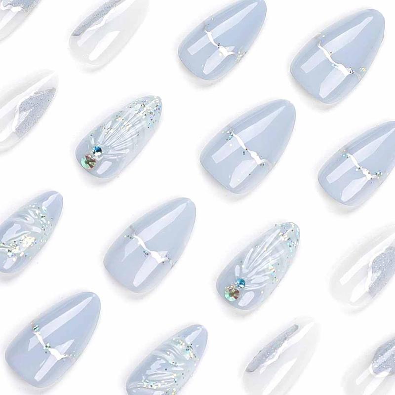 Long Press on Nail - Almond Fake Nails with 3D Design Blue Nails Glossy Full Cover Nails for Women 24 PCS