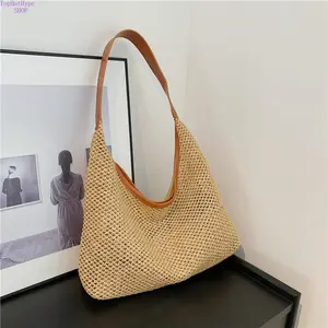 Vintage Woven Straw Tote Bag for Women, Large Capacity Vacation Style Underarm Shoulder Bag, Breathable Lightweight Beach Handbag Perfect for Summer Seaside Trips, Travel, Holidays, Shopping & Daily Casual Outdoor Activities,summervibes